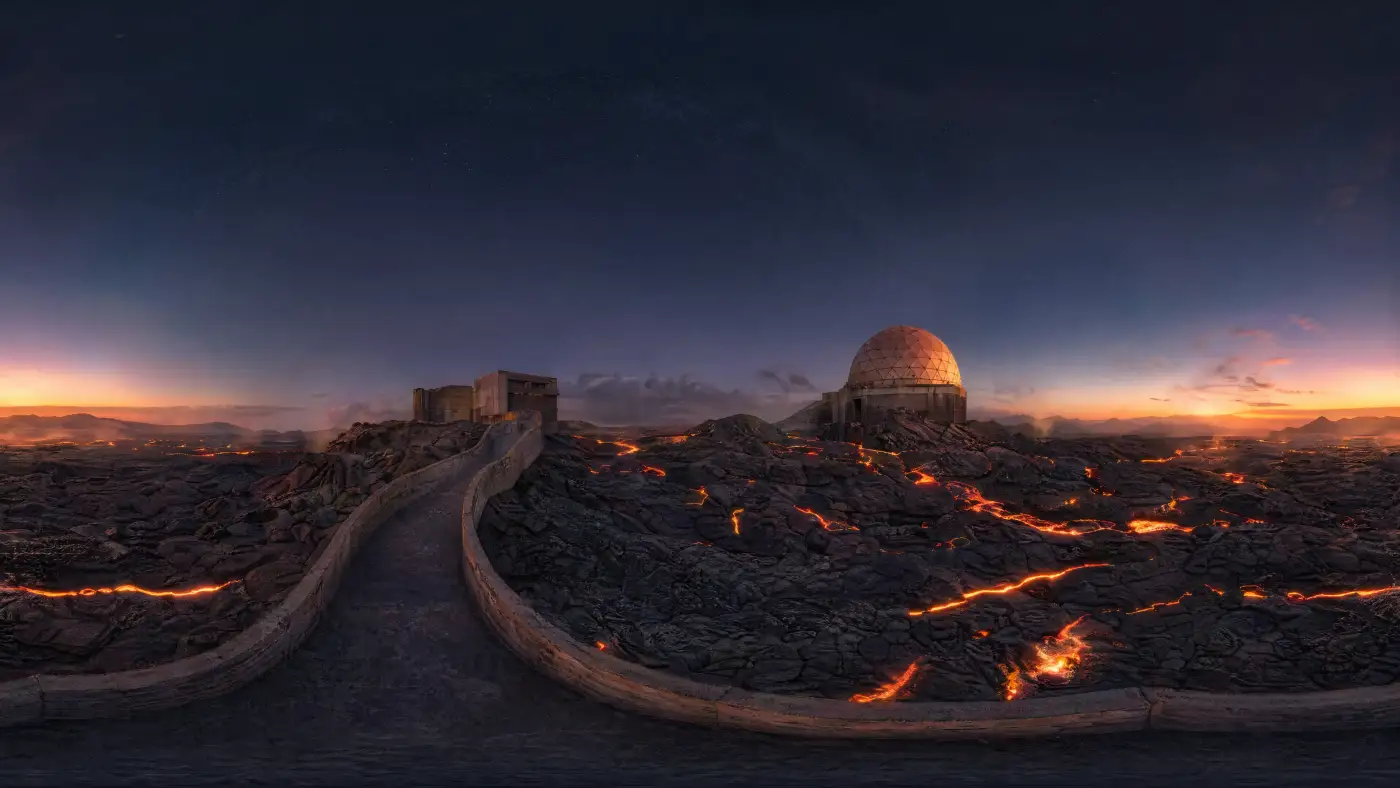 A solarpunk rooftop garden at golden hour — a 360° world generated in 360World.